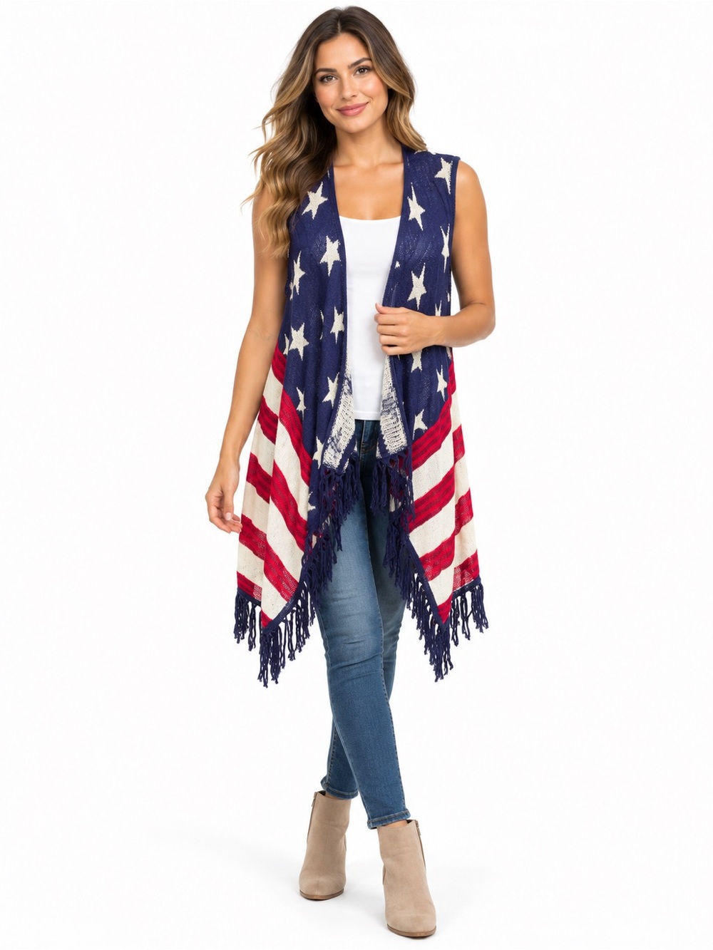 Say What? Stars & Stripes Fringe Knit Vest - Blue/Red/White